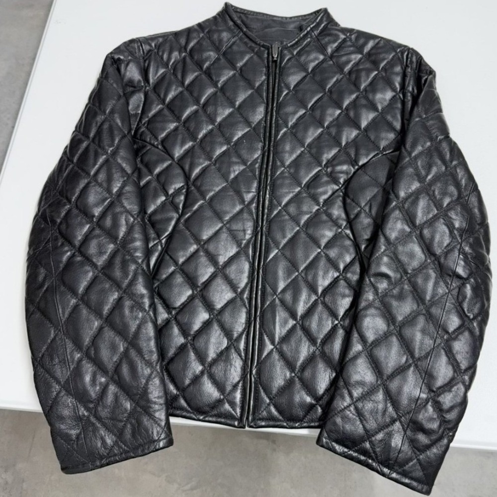 Marcia‎ italy Black Leather Jacket Diamond Quilted Collarless Zip Front Moto L